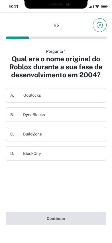 Tela do quiz no app