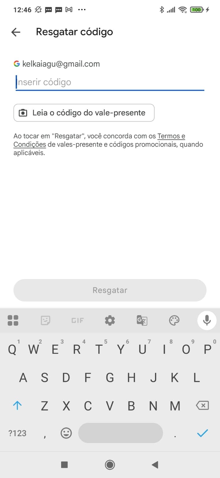 Tela de resgate de código na Google Play