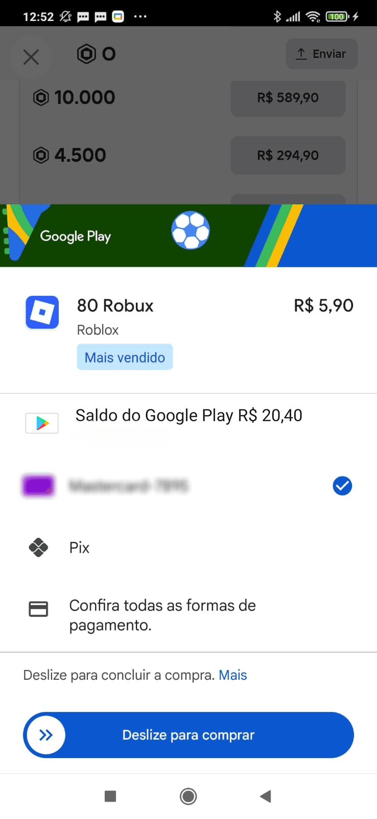 Tela de compra no app do Roblox
